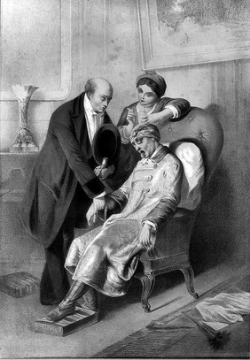 A sick man projects his tongue while a doctor takes his pulse and times it with a sand-glass, a woman looks on over the chair-back. Coloured lithograph.