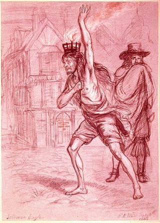 Solomon Eagle striding through plague ridden London with burning coals on his head, trying to fumigate the air. Chalk drawing by E.M. Ward, 1848.