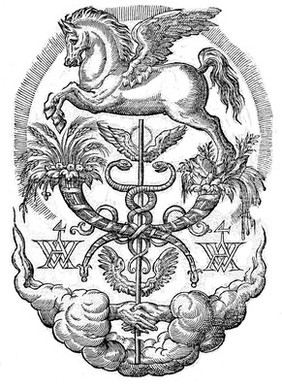 Caduceus surmounted by Pegasus and cornucopiae