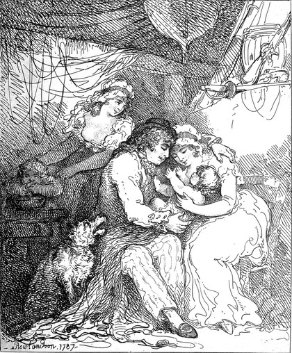 A couple looking lovingly and playing with their baby in a happy domestic environment. Etching by T. Rowlandson, 1787.