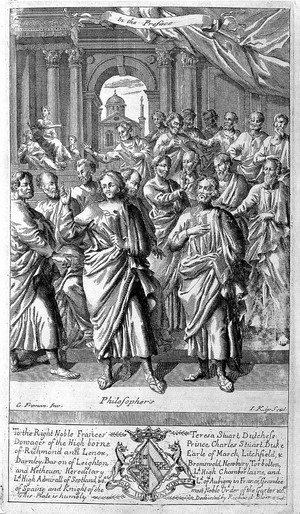view Engraving of philosophers from, Le Grand, An entire body of philosophy..., 1694