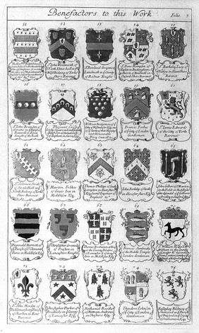 Engraving of arms of patrons from, Le Grand, An entire body of philosophy..., 1694