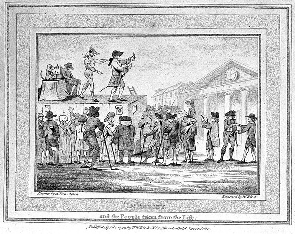 Doctor Bossy, an itinerant medicine vendor, selling his wares on stage with assistants at Covent Garden, London. Etching by W. Birch, 1792, after A. van Assen.