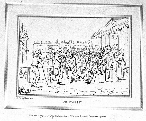 Doctor Bossy, an infamous medicine vendor, selling his wares to a crowd of sick and lame people at Covent Garden, London. Etching, 1795, after A. van Assen.
