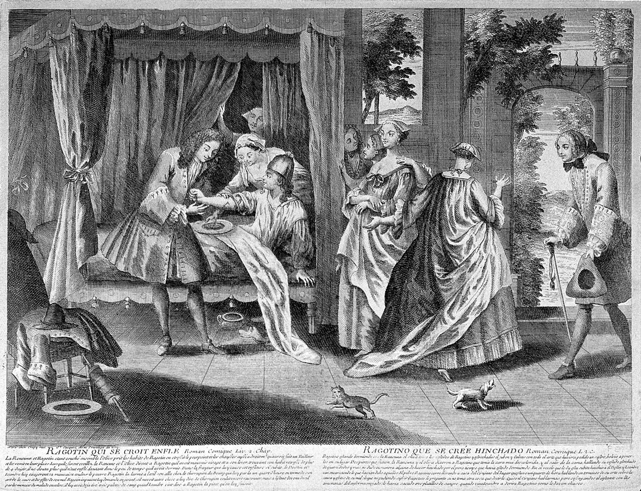 A surgeon bleeding Ragotin's arm - upon waking and attempting to get dressed he discovered his clothes were too tight and he believes his body has swollen in the night. Engraving., by Paul Scarron