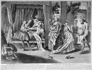 view A surgeon bleeding Ragotin's arm - upon waking and attempting to get dressed he discovered his clothes were too tight and he believes his body has swollen in the night. Engraving.