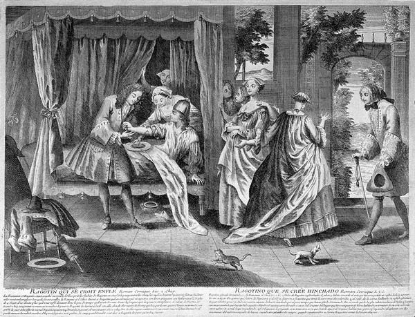 A surgeon bleeding Ragotin's arm - upon waking and attempting to get dressed he discovered his clothes were too tight and he believes his body has swollen in the night. Engraving.