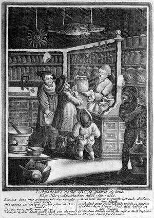 view A couple and their child consulting a pharmacist in his shop, an apprentice is mixing up a concoction with a large pestle and mortar. Soft-ground etching.