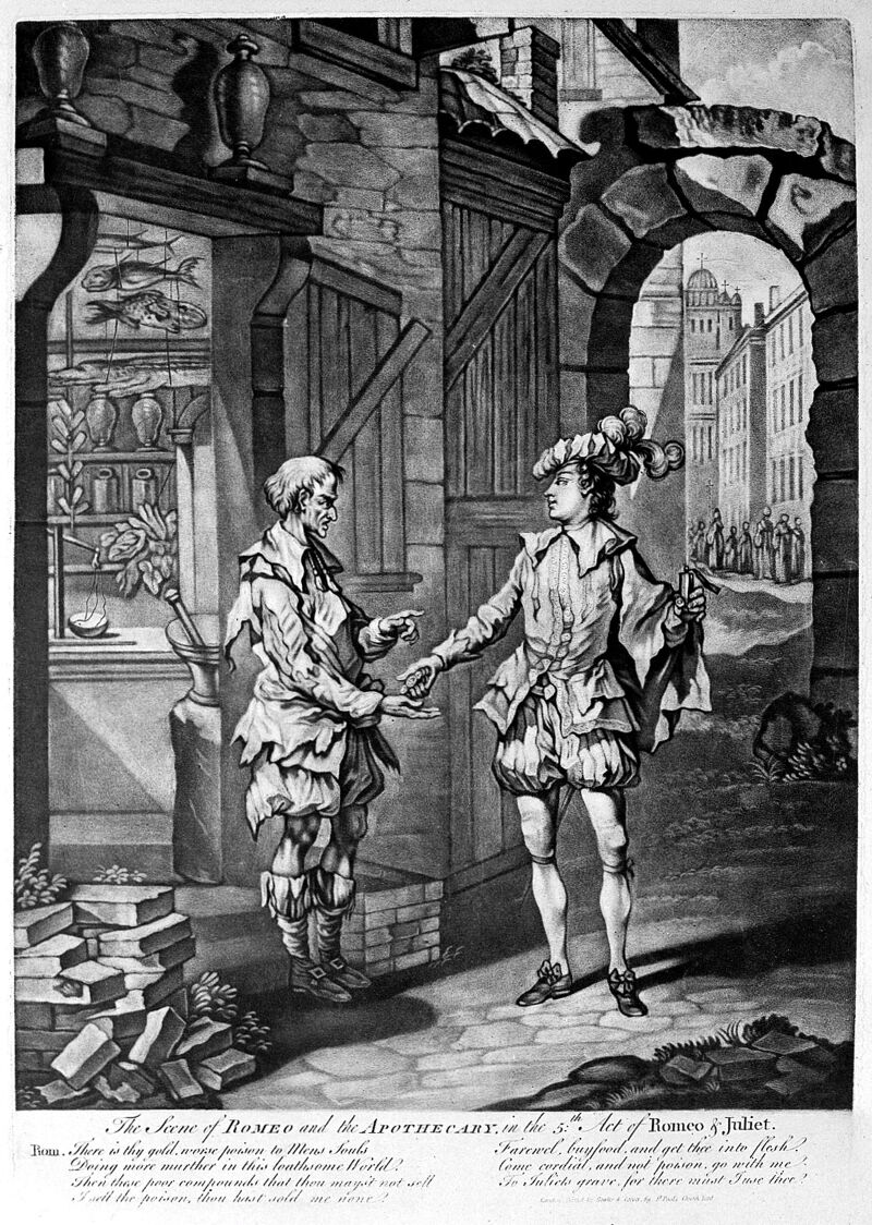 Romeo giving money to an apothecary for a poison that will enable him to kill himself. Mezzotint, 17--., [between 1700 and 1799], by William Shakespeare