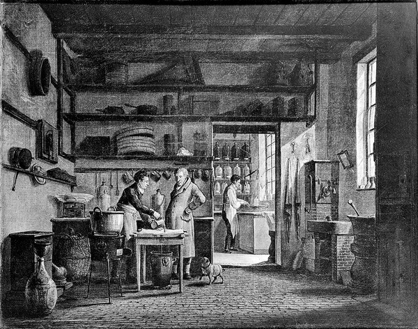 The interior of a shop of a family of apothecaries - d' Ailly. Photoprint by V.A Bruckmann, 1904, after an oil painting by J. Jelgerhuis Rienksz, 1818.