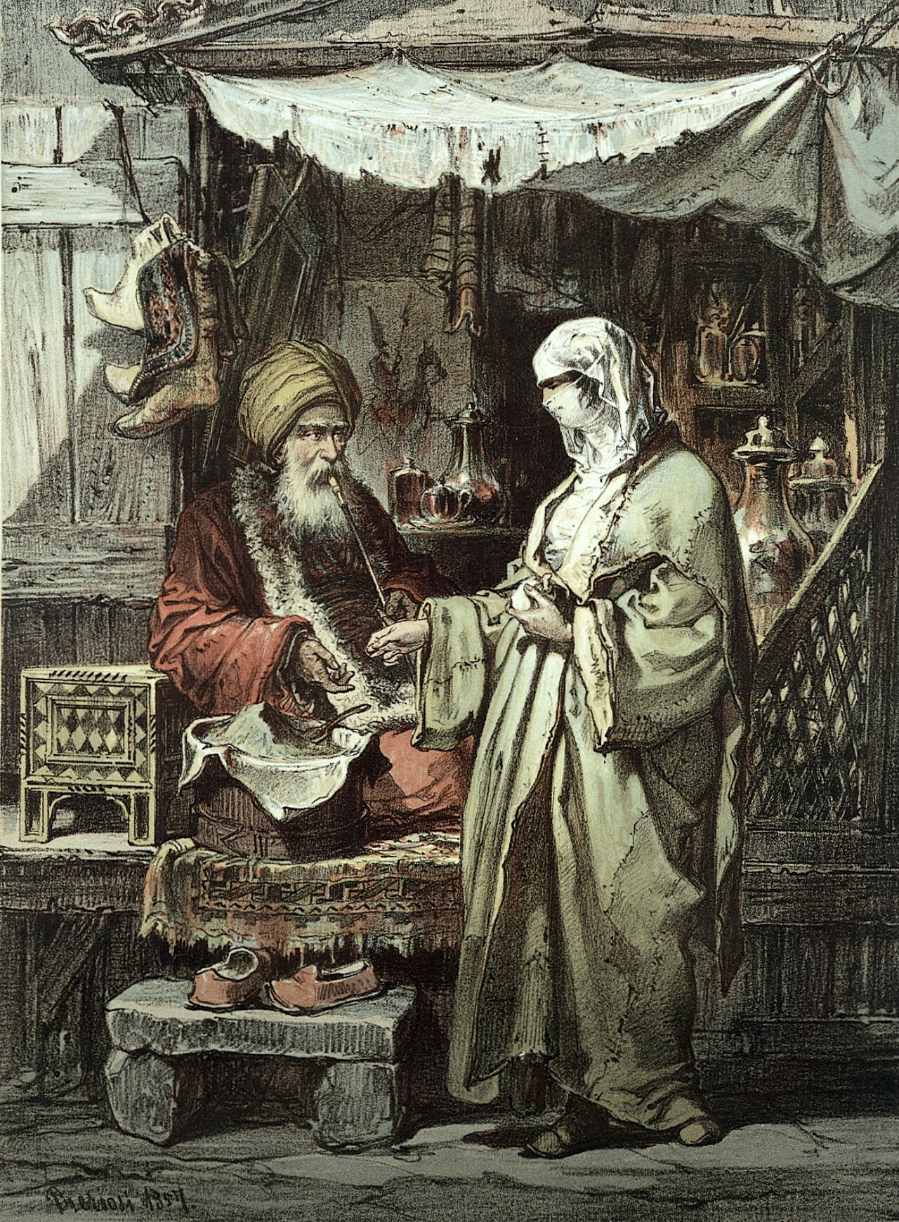 A man selling medicinal drugs to a woman in a bazaar in Constantinople. Colour lithograph after Preziosi, 1857., 1857, by Amedeo Preziosi