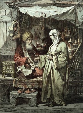 A man selling medicinal drugs to a woman in a bazaar in Constantinople. Colour lithograph after Preziosi, 1857.