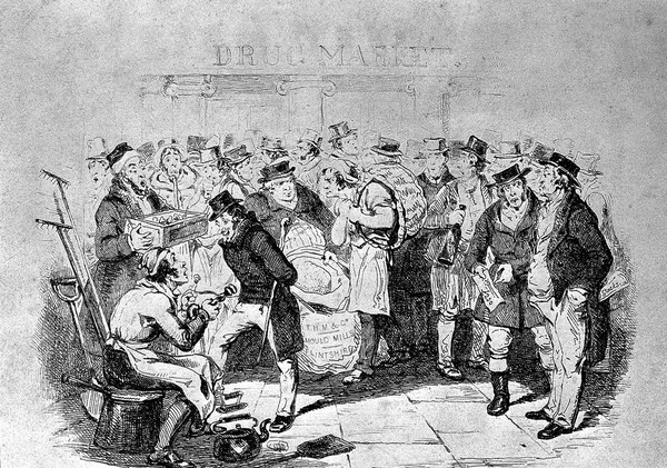 A market selling drugs and materia medica. Etching by J. Phillips, 18--.