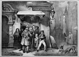 view People standing outside an apothecary shop in Rotterdam. Lithograph by J.C. d'Armand Gerkens after L.A. Vintcent.