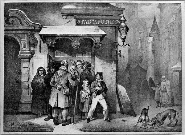 People standing outside an apothecary shop in Rotterdam. Lithograph by J.C. d'Armand Gerkens after L.A. Vintcent.