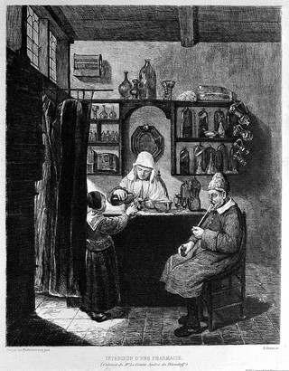 A female apothecary mixing up a prescription for a child. Etching by G. Greux, 187-,  after Q.G. van Brekelenkam.