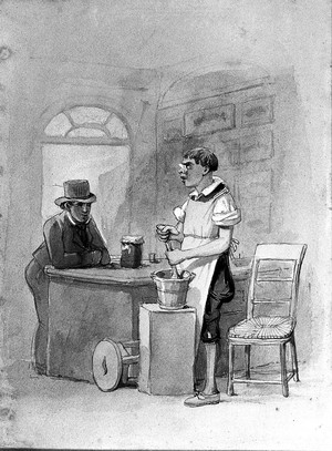 view An apothecary's apprentice in a shop mixing up a prescription in a pestle and mortar for a customer. Watercolour attributed to C. Stanfield.
