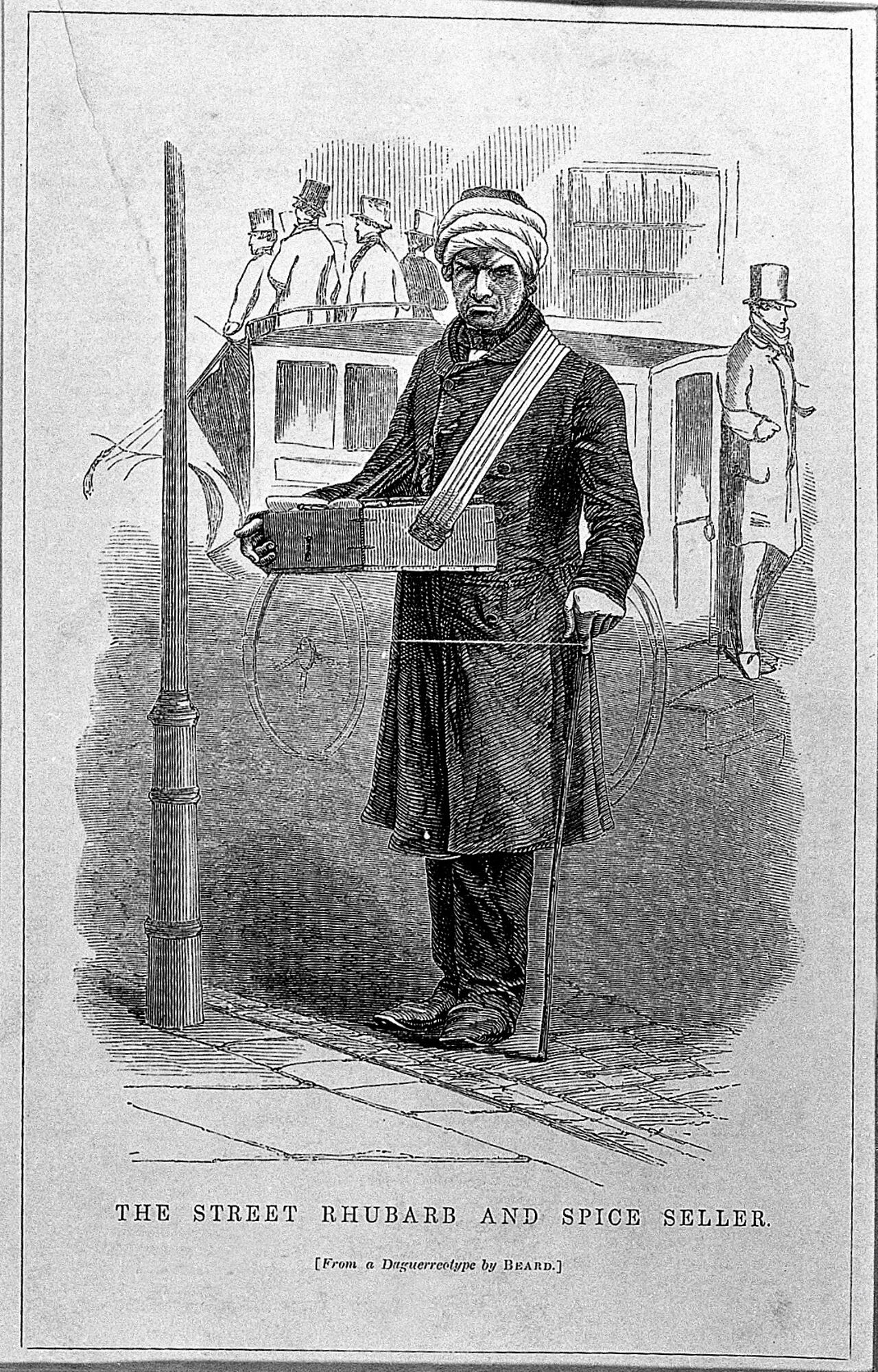 A poor street peddlar selling rhubarb and spices in London. Wood engraving after R. Beard., by Richard Beard