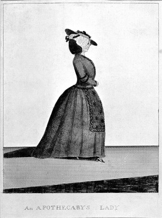 A fashionably dressed apothecary's wife. Coloured etching by M. Darly, 1774.