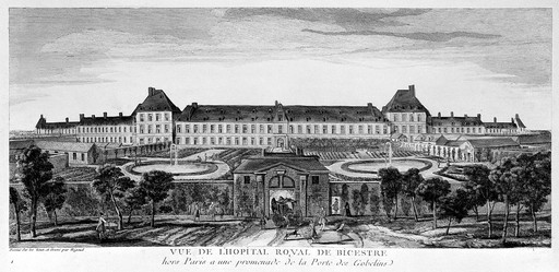 Hôpital Royal de Bicêtre, Paris: panoramic view with gardens. Coloured etching by J. Rigaud after himself.
