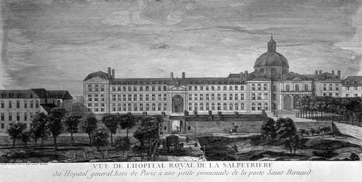 Hôpital de la Salpêtrière, Paris: showing St. Bernard's doorway and grounds. Coloured line engraving by J. Rigaud after himself.