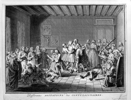 Members of the Jansenist sect having convulsions and spasms as a result of religious fanaticism. Engraving by B. Picart.