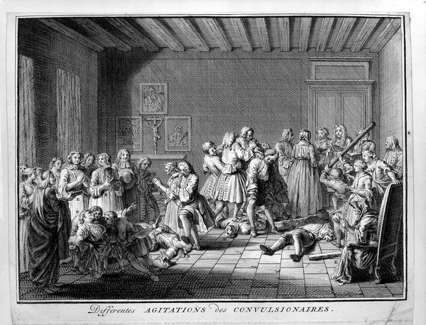 Members of the Jansenist sect having convulsions and spasms as a result of religious fanaticism. Engraving by B. Picart.