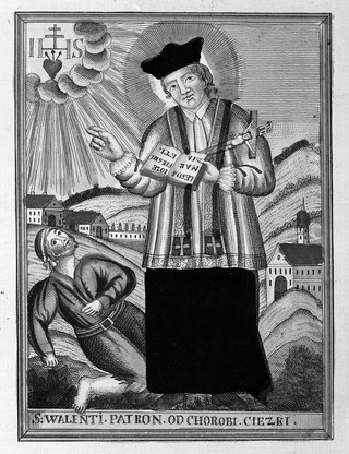 Saint Valentine blessing an epileptic. Coloured etching.