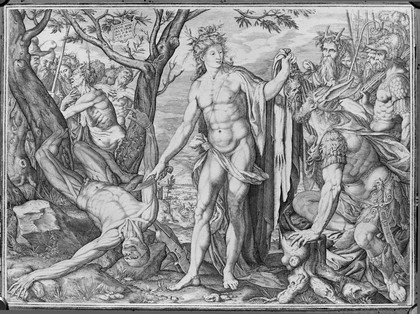 Apollo flaying Marsyas. Engraving by Melchior Meier, 1581.