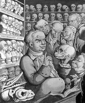 Franz Joseph Gall leading a discussion on phrenology with five colleagues, among his extensive collection of skulls and model heads. Coloured etching by T. Rowlandson, 1808.