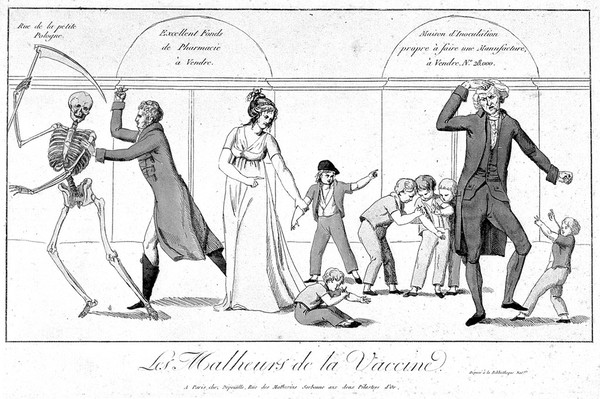 The history of vaccination seen from an economic point of view: A pharmacy up for sale; an outmoded inoculist selling his premises; Jenner, to the left, pursues a skeleton with a lancet. Coloured etching, c. 1800.