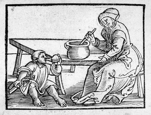 view Child with feeding bottle. Woodcut appears in "Ein Regiment ... für die jungen Kinder" by Heinrich von Louffenberg.