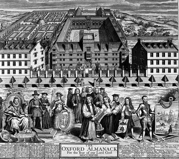 Wadham College, Oxford: aerial panoramic view with historic figures in the foreground. Line engraving by G. Vertue, 1738.