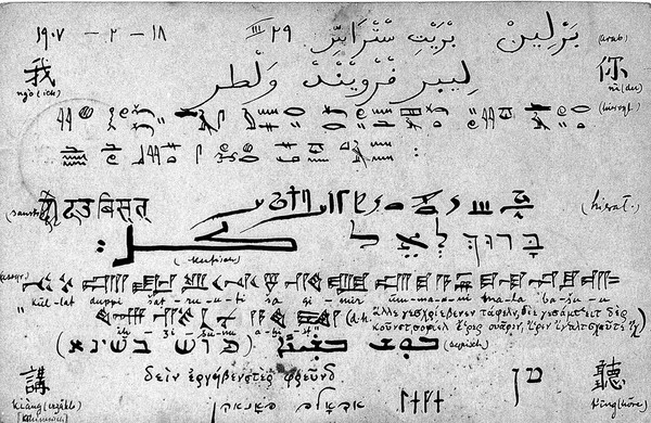 Egyptian Scripts on front of postcard from Adolf Fonahn to Walter Pagel