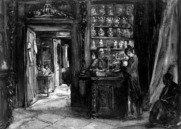 Interior of St. Stephens pharmacy, Venice. Watercolour, 1920.