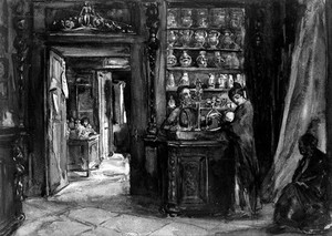 view Interior of St. Stephens pharmacy, Venice. Watercolour, 1920.