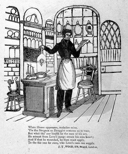 A pharmacist making up a prescription in his shop. Coloured woodcut.