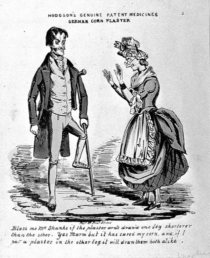 A man wearing a 'german corn plaster', which has caused his leg to shrink. Coloured reproduction of an etching.