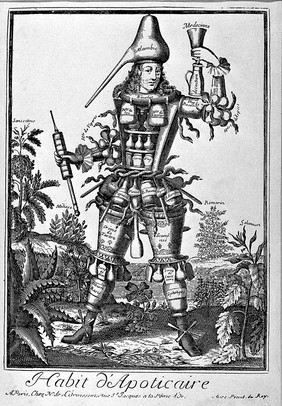 A man composed of pharmaceutical equipment, surrounded by medicinal plants. Engraving by N. de Larmessin, 1695.