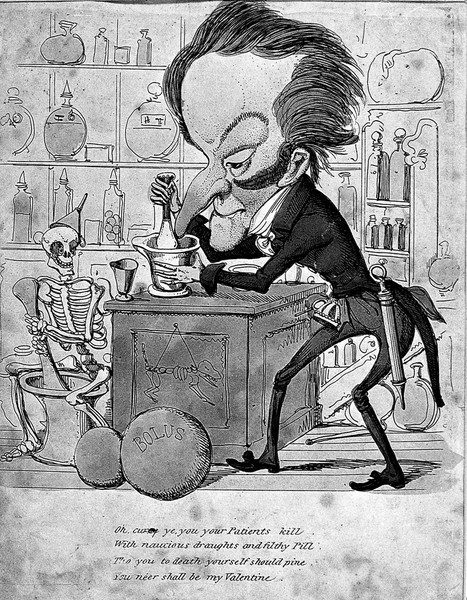 Caricature: Valentine print, grotesque apothecary.