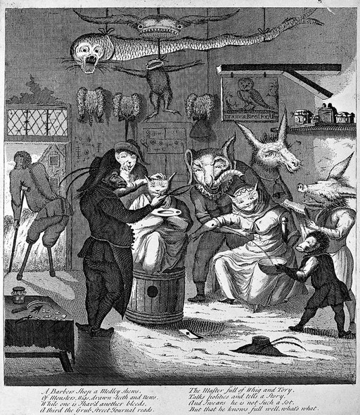 A barber-surgeons shop with anthropomorphic participants. Engraving, c. 1730, after E. van Heemskerk.
