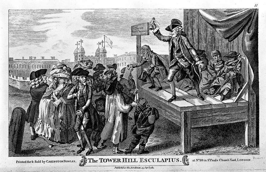 A devious itinerant medicine vendor and assistant perform their sales pitch to a suspicious audience, against the backdrop of the Tower of London. Etching, 1792.