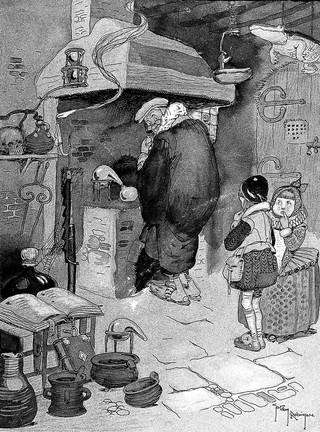 Two children wait nervously while an alchemist secretively concocts a mixture at his stove. Pen and wash drawing by G. Robinson.