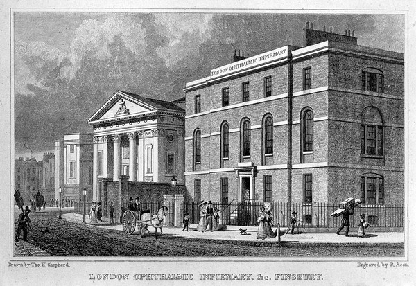 London Ophthalmic Infirmary, and the Catholic church, Finsbury. Coloured engraving by R. Acon after T. H. Shepherd.