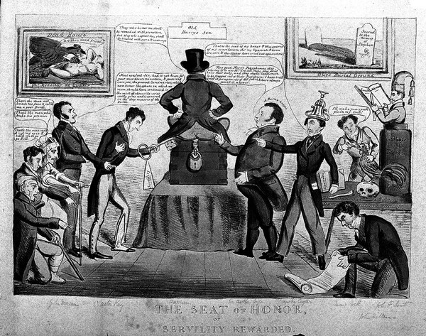 Benjamin Harrison, the autocratic treasurer of Guy's hospital, receiving tributes from Sir Astley Cooper and his associates. Coloured lithograph attributed to R. Cruikshank, ca. 1830.