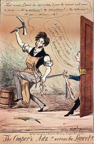 view Bransby Blake Cooper: he is attacked by a man holding a giant lancet, representing the Lancet (medical journal). Coloured etching by "Dicky Fubs" [H. Heath?], 1828.