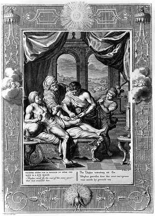 Telephus (son of Hercules) cured of a potentially fatal wound with some rust from Achilles' spear, with which he had originally been wounded. Engraving by B. Picart, 1730, after P. Brebiette.