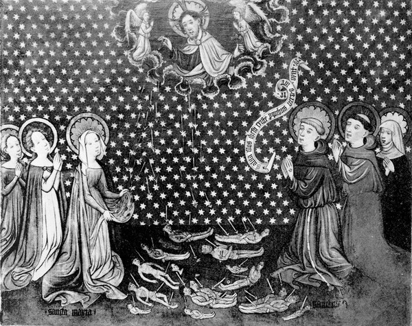 Altarpiece showing Christ throwing down arrows of plague.