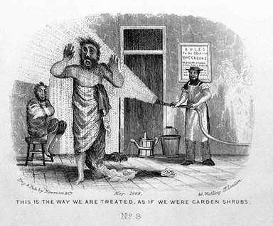 A man visiting a health resort is being sprayed with water; man seated on a stool in the background. Etching, May 1869.