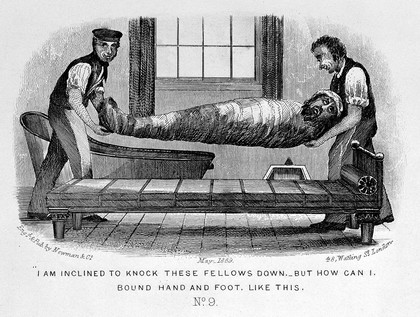 A man visiting a health resort is bound and transported on a day bed by two men; bath tub in the background. Etching, May 1869.